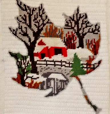 Vintage Maple Leaf Winter Needlepoint Finished Barn Columbia Minerva 2435 1976 • $18.50