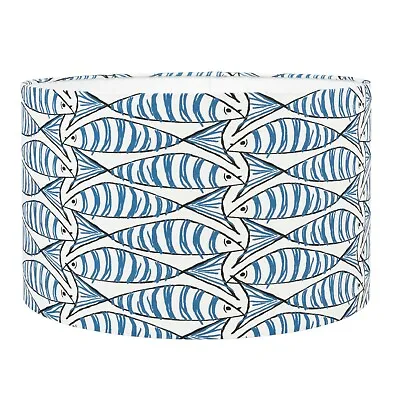 Seaside Sardine Lampshade. Bright Marine Blue & White Geometric Nautical Fish. • £49.99