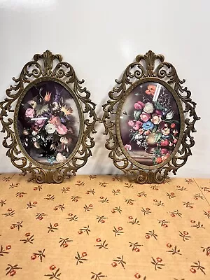 Set 2 Vintage Brass Oval Ornate Convex Bubble Glass Floral Pictures Frame Italy • $46