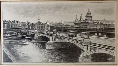 Blackfriars Bridge London Original Pencil Drawing H C Low 1940s OOAK WW2 Era • £75
