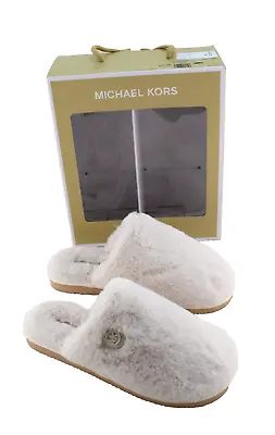 NWB MICHAEL KORS Janis Size 7 Natural With MK Charm Logo Women's Slide Slippers • $54.99