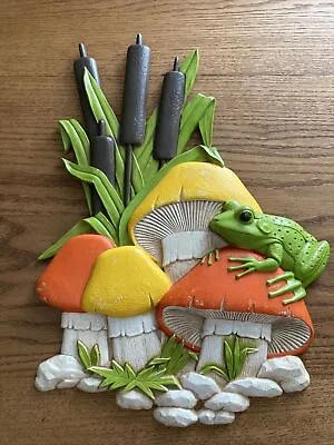 Mushroom Frog Cattail Burwood Wall Hanging Vintage 3D 70s Orange Yellow 18.5  • $65.99