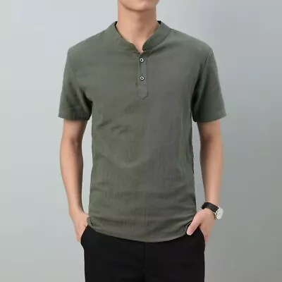 Men Shirt Top Linen Button Neck T-Shirt Pullover Mandarin Collar Chinese Vintage • $17.14