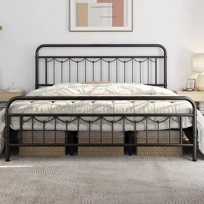 California King Size Metal Bed Frame With Vintage Headboard And Footboard Fa... • $201.49