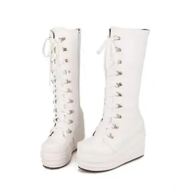 Women Wedge High Heel Mid Calf Goth Punk Lace Up Round Toe Platform Shoes Boots • $52.68