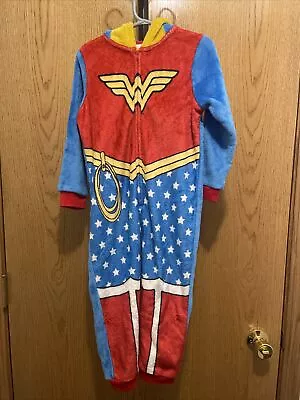 Girls DC Comics WONDER WOMAN One Piece Hooded Sleeper Pajama/Costume  Size 4 • £5.42