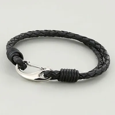 Black Unisex Real Leather Braided Wristband Bracelet Stainless Steel Clasp 3mm • £5.95