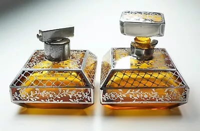 Antique Perfume Vanity Set Sterling Over Amber Glass Shabbily Chic Sold AS IS • $79
