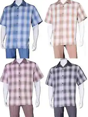 New Men's 2pc Walking Suit Short Sleeve Casual Shirt &Pants M~5XL 2972 • $49.99