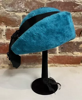Schiaparelli Paris Vintage Turquoise Faux Fur Hat Musketeer Austria 1960's • $54