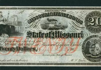 $20 1860's (CU) Missouri Defence Bonds State Of Missouri Obsolete ((REMAINDER)) • $46