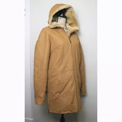 Vintage Fitz-Wright Women's Size M Camel Brown Leather Faux Fur Lined Coat Hood • $59.99