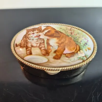 Vintage Pill Box Gold Tone Base Cute Playful Puppy Dog Licking A Kitten On Lid • $19.95