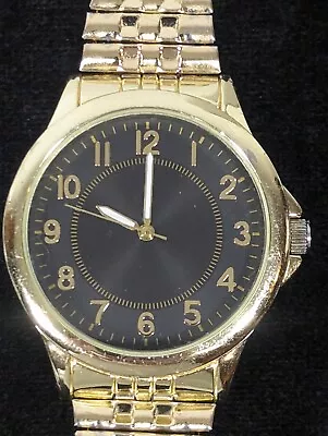 Mens Black Dial Round Gold Tone Case Stainless Steel Stretch Band Watch 7.25 In • $13.99