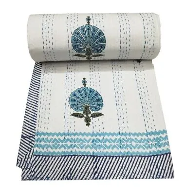 Indian Handmade Bird Print Kantha King Size Quilt Cotton Bedspread Blanket Throw • £43.93