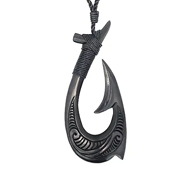 Carved Horn Pendant Extra Large Hei Matau Tribal Cord Necklace - 81stgeneration • £34.49