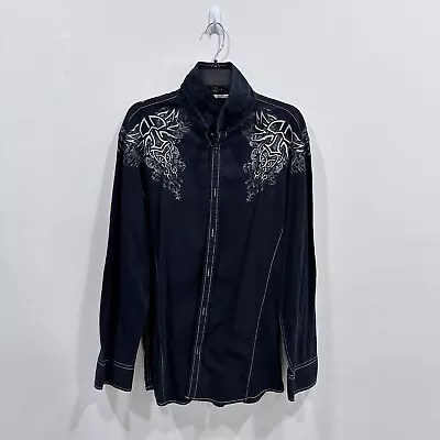 Roar Classic Button Front Long Sleeve Mens XL Distressed Black Embroidered • $19.99