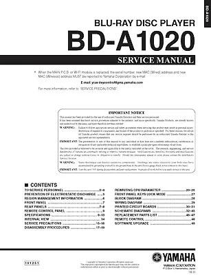 Service Manual Instructions For Yamaha BD-A1020 • $16.93