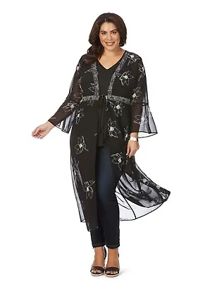 Beme Kimono Cover-Up Maxi Plus Size 22 Black White Chiffon Tie Front NEW RP$100 • $42.99