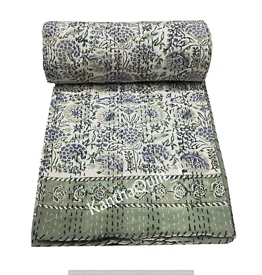 Beautiful Hand Block Kantha Bedspread Indian Handmade Quilt Throw Cotton Blanket • £34.84