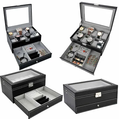 12 Grid Jewelry Watch Box Mens Jewelry Display Drawer Tray Glass PU Leather UK • £18.69