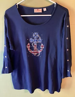 QUACKER FACTORY L NAVY BLUE RED SILVER ANCHOR NAUTICAL Rhinestone PATRIOTIC TOP • $14.80