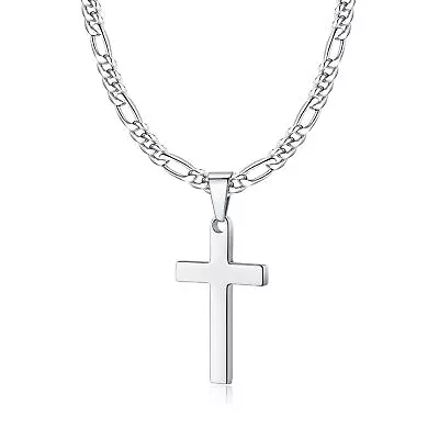 Men Women Cross Necklace For Boy Stainless Steel Plain Pendant Figaro Chain Gift • $7.99