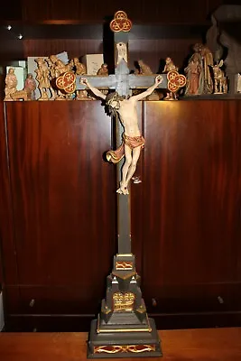 $1190 • Buy 🕊 Vintage 42  Catholic Wood Carving Standing Altar Crucifix Cross Jesus Statue