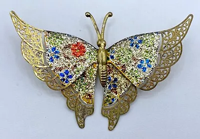 B6-671 Vintage Brooch Gold Tone Pin 3  Glitter Enamel Butterfly Animal • $4.99