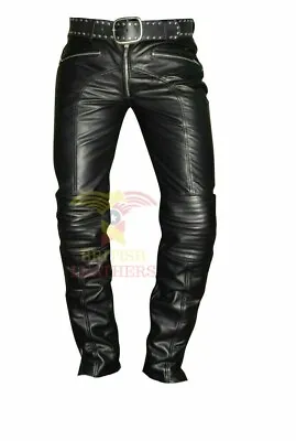 Men's Cuir Cowhide Leather Pants Bikers Motorcycle Jeans Lederhosen Trousers Gay • $129.99