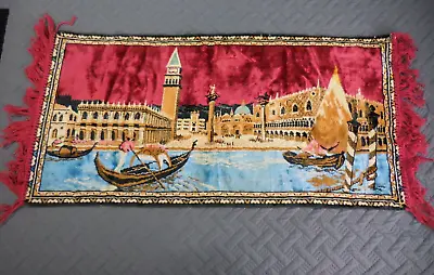 Vintage Velvet Tapestry Rug Wall Hanging Venice Grand Canal Gondolas Red Fringe • $29.99