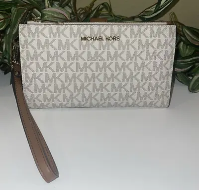 Michael Kors Jet Set Travel Double Zip Wallet Phone Case Wristlet Vanilla Logo • $69.99