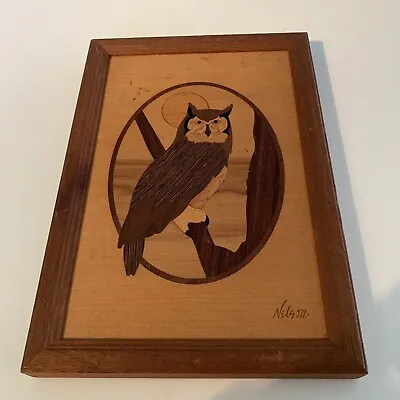 Hudson River Inlay Marquetry Wood Owl Jeff Nelson Framed Art 9.75  X 6.75” MCM • $28.87