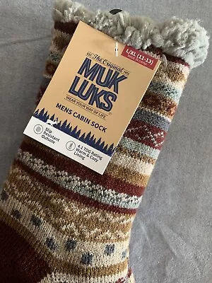 NWT L/XL Men Muk Luks Cabin Socks Brown Fairisle Winter Stripe Mukluk Slipper • $19.99