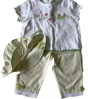 Vitamins Baby Girl's Green Gingham 3-Piece Set Pants/Embroidered Top/Hat - 24 MO • $12