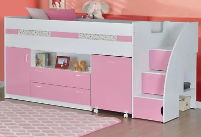 Pink Midsleeper Bed With Stairs - Desk Storage Staircase - White Pink Or Blue • £499