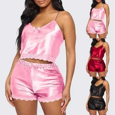 Women Silk Satin Lace Pajamas Sleepwear Set Ladies Vest Cami Shorts Nightwear Uk • £7.99