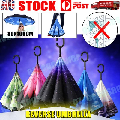 $14.99 • Buy Umbrella C-handle Reverse-Design Windproof Double Layer Upside Down Inverted OZ