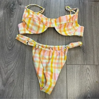 Skatie Suva Plaid Bikini Kate Top & Bobbi Bottom Pink Yellow Size Small • $78.30