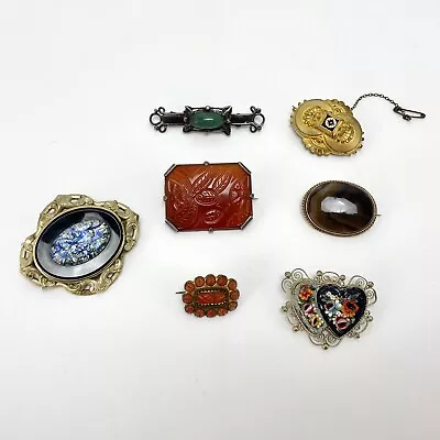 Lot Of 7 Antique Jewelry Brooches Art Deco Victorian Coral Mourning Agate • $42