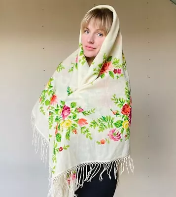 Large Festive Scarf Traditional Vintage Scarf. Shawl With Flowers And Tassels • $70
