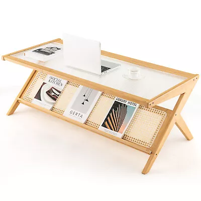 2-Tier Bamboo Coffee Table 120cm Rectangular Center Table W/ Glass Tabletop • $139.95