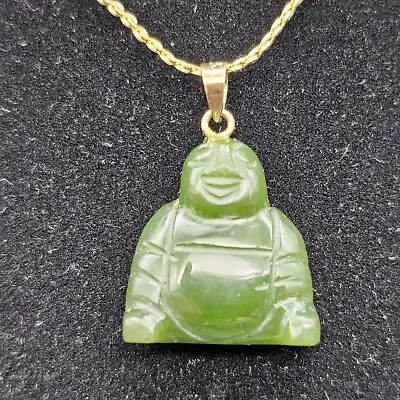 Vtg Carved Jade Buddha Pendant 14k Bail With Gold Tone Necklace • $200