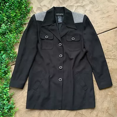 Vtg Andrea Jovine Houndstooth Trim Buttoned Long Blazer Jacket Black Size 4 • $22.99