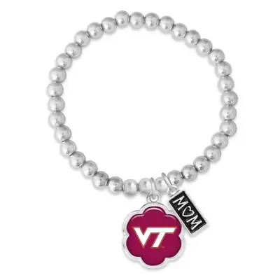 Virginia Tech Hokies Mom Hazel Silver Beaded Stretch Bracelet Jewelry VT Gift • $20.49