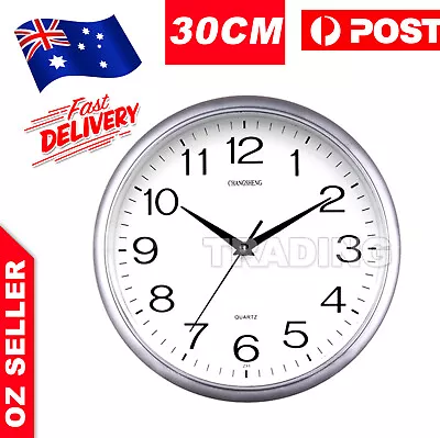 $15.95 • Buy Silent Round Wall Mountable 30cm Quartz Analogue Clock Silver Home Office Decor
