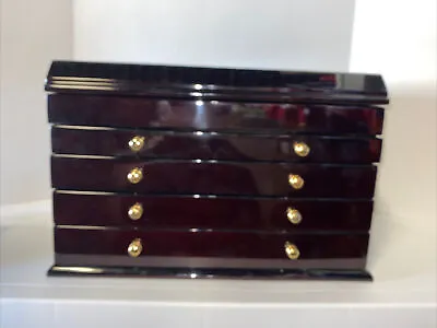 Ragar Exotic Maple Burl Dark Cherry￼ Wood Jewelry Chest Box W 4 Draws • $160