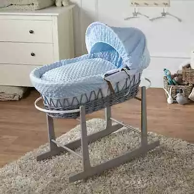 £59.95 • Buy FYLO Blue Dimple Grey Wicker Moses Basket With Grey Rocking Stand