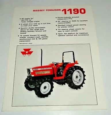 Massey Ferguson MF 1190 4WD Tractor Spec Sheet Sales Brochure Literature Ad 2/92 • $14.99