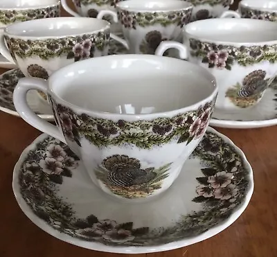 Churchill ENGLAND Thanksgiving Turkey Cups Saucers SET 8 Myott English Archive • $175